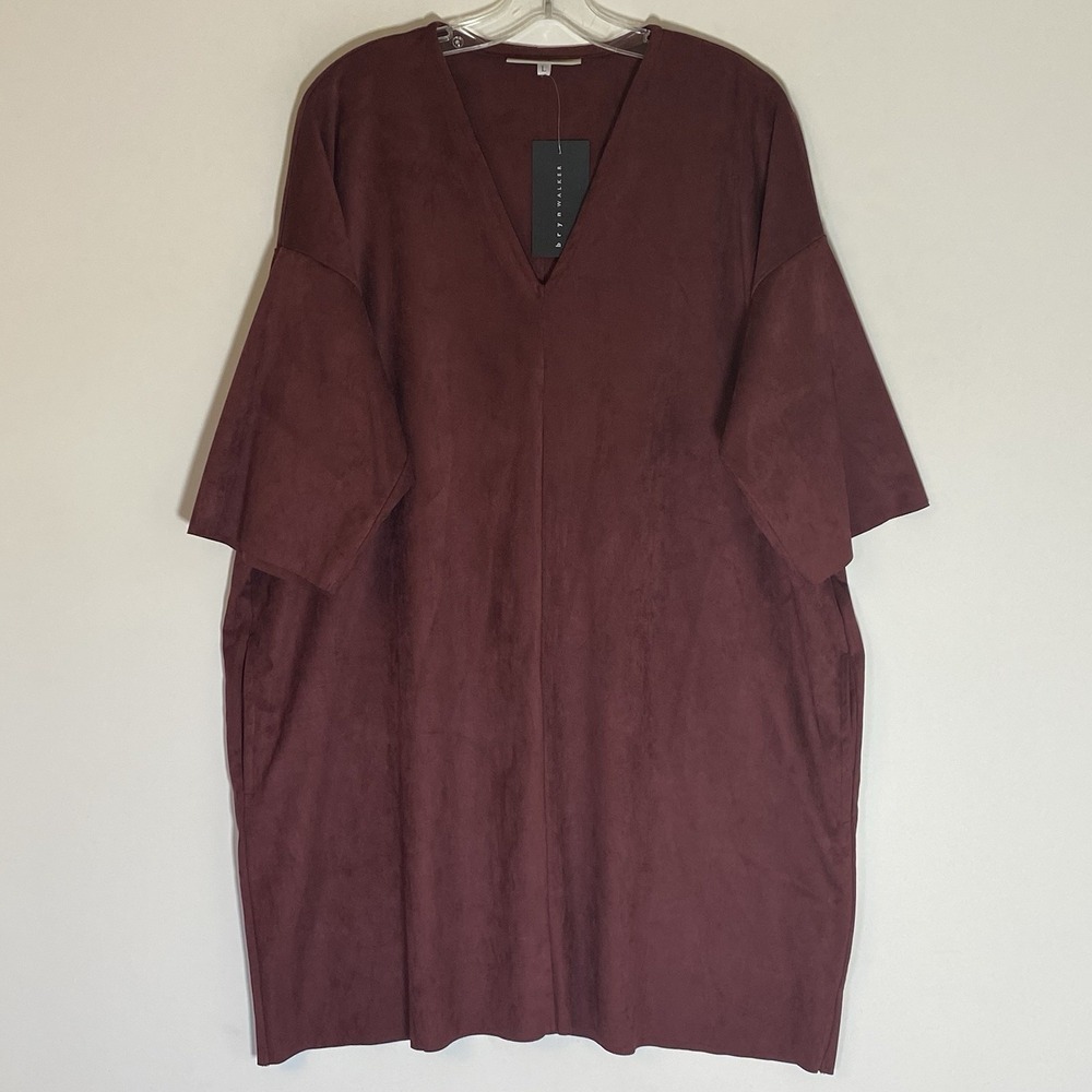 Bryn Walker Dress Womens Large Burgundy Suede Kaftan V Neck Bubble Hem Pockets L